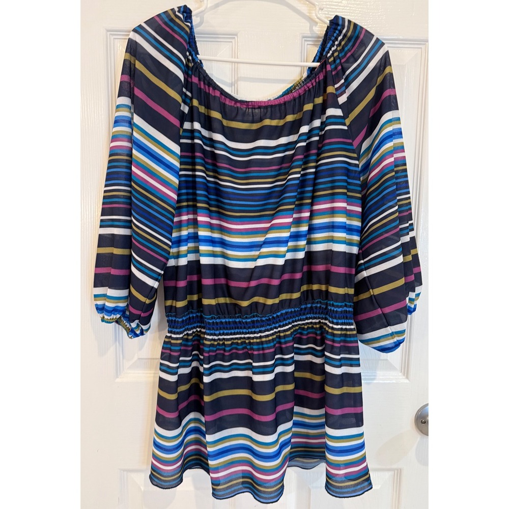 Avenue‎ Womens Blouse Top Size 14/16 Multicolor Striped 3/4 Sleeve Sheer